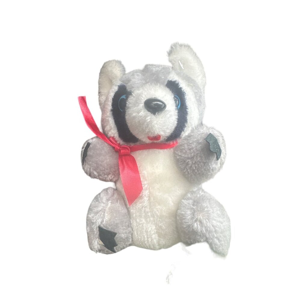 Vintage Acme‎ Premium Supply Corp Raccoon Plush Toy Gray & Black Red Ribbon Made